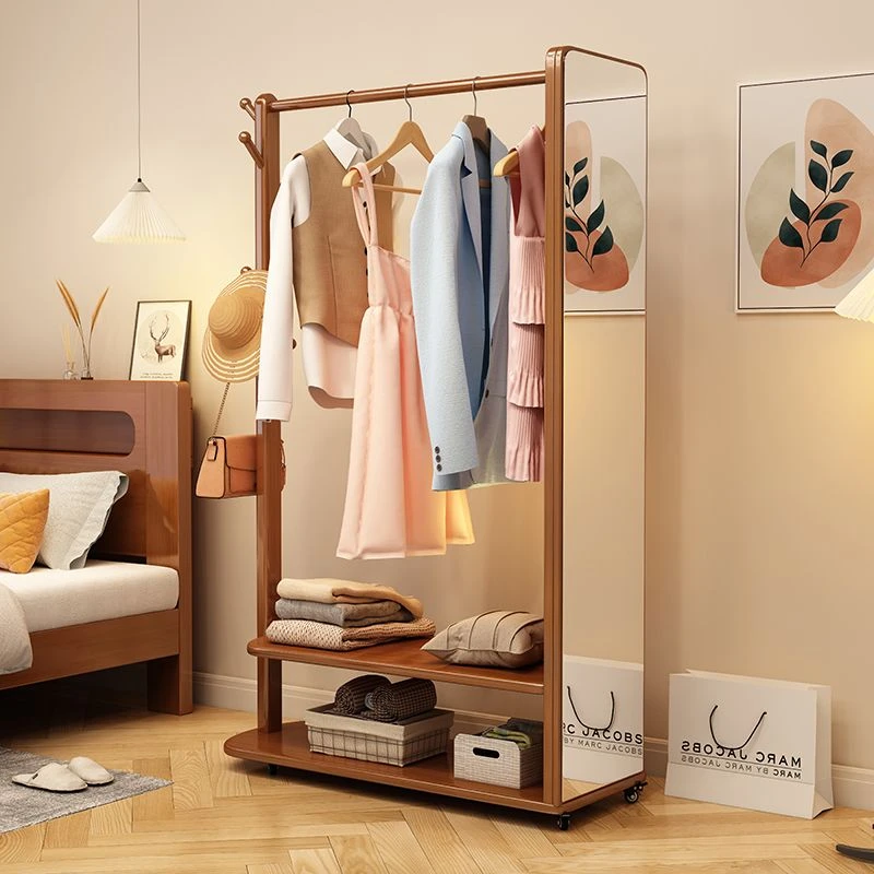实木衣帽架穿衣镜一体卧室落地可移动衣架全身试衣镜进门挂衣架子