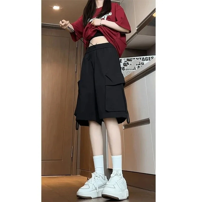 中长过膝工装短裤女2025新款胖mm夏季五分裤子休闲宽松大码六分裤