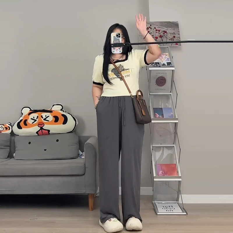 大码微胖mm冰丝阔腿裤女夏薄款休闲显瘦高腰梨形身材垂感直筒长裤