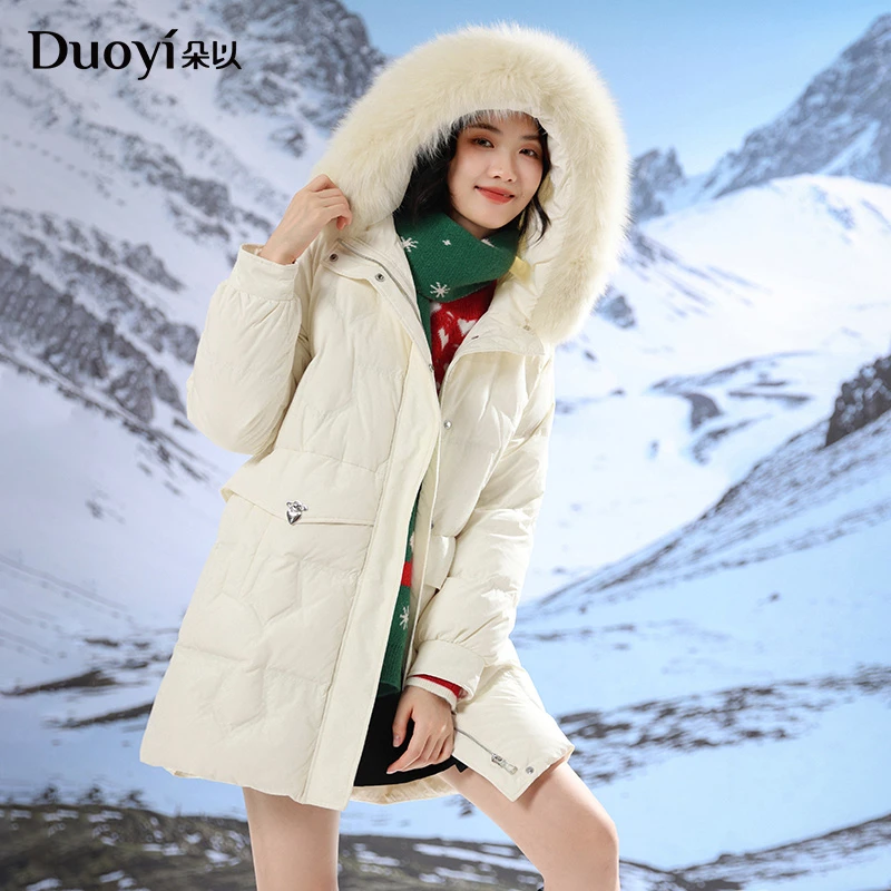 反季特卖！朵以时尚休闲保暖宽松连帽羽绒服中长款38VD935013