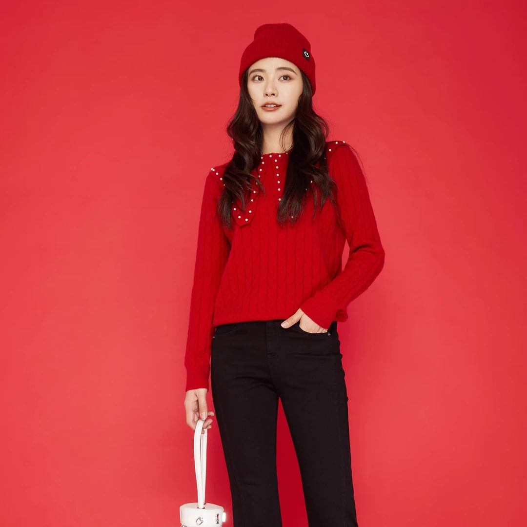 朵以2022冬季新款大红新年款套头针织衫37DD535078原319