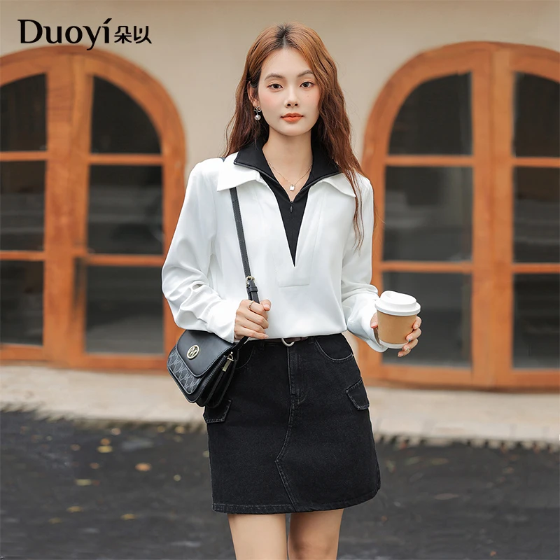 朵以2024秋季新款设计感小众撞色拼接翻领假两件上衣女38DQ141035