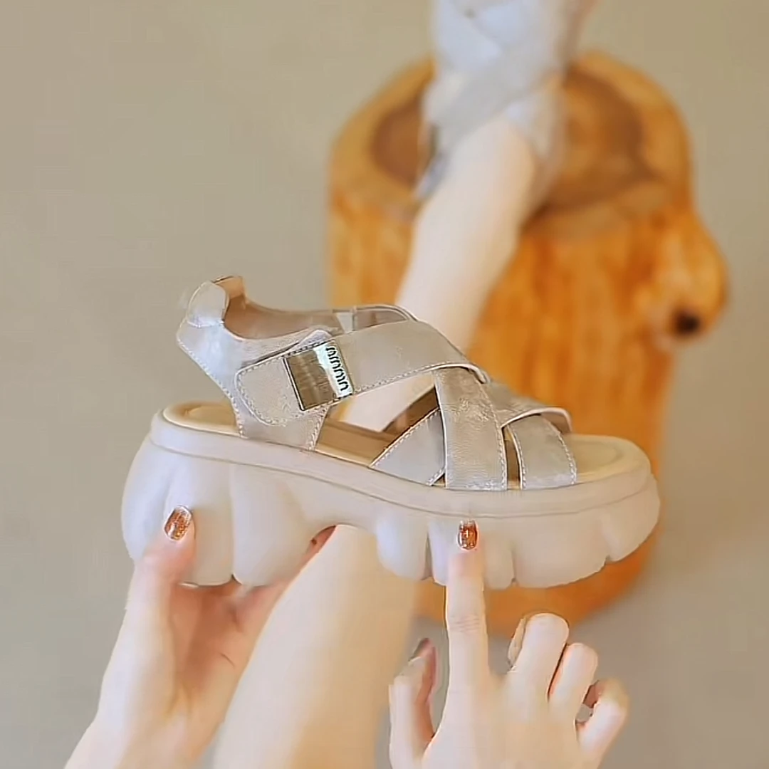 2025新款夏季镂空厚底凉鞋露趾鱼嘴魔术贴网红百搭增高凉鞋沙滩鞋