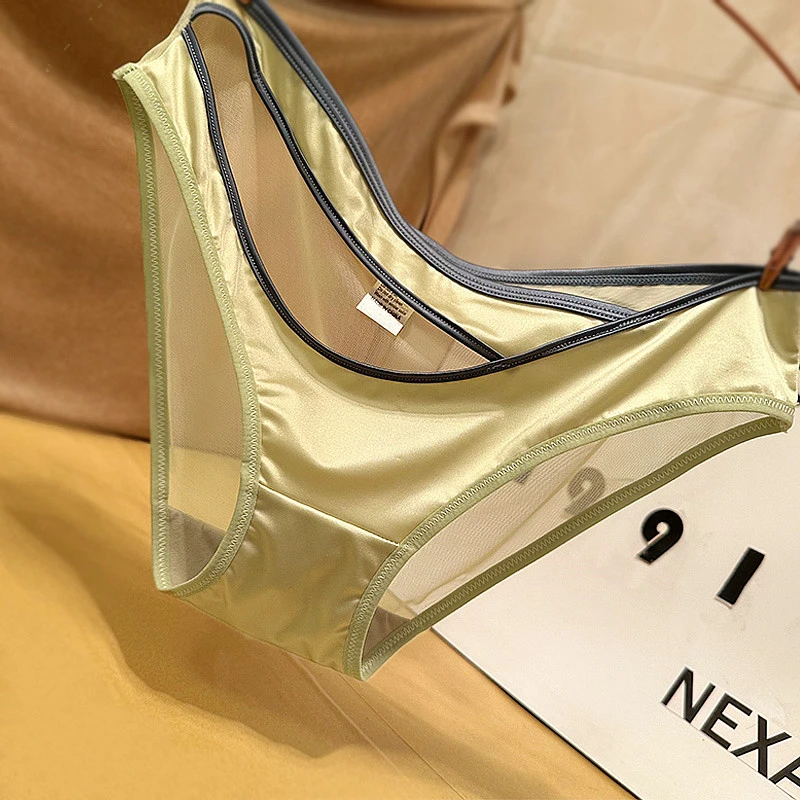 欧美时尚运动风冰丝镂空夏季凉感三角裤火辣臀部透明网纱蕾丝内裤