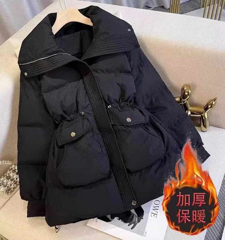 高级感黑色收腰棉服女冬季新款韩系宽松显瘦休闲加厚棉衣外套