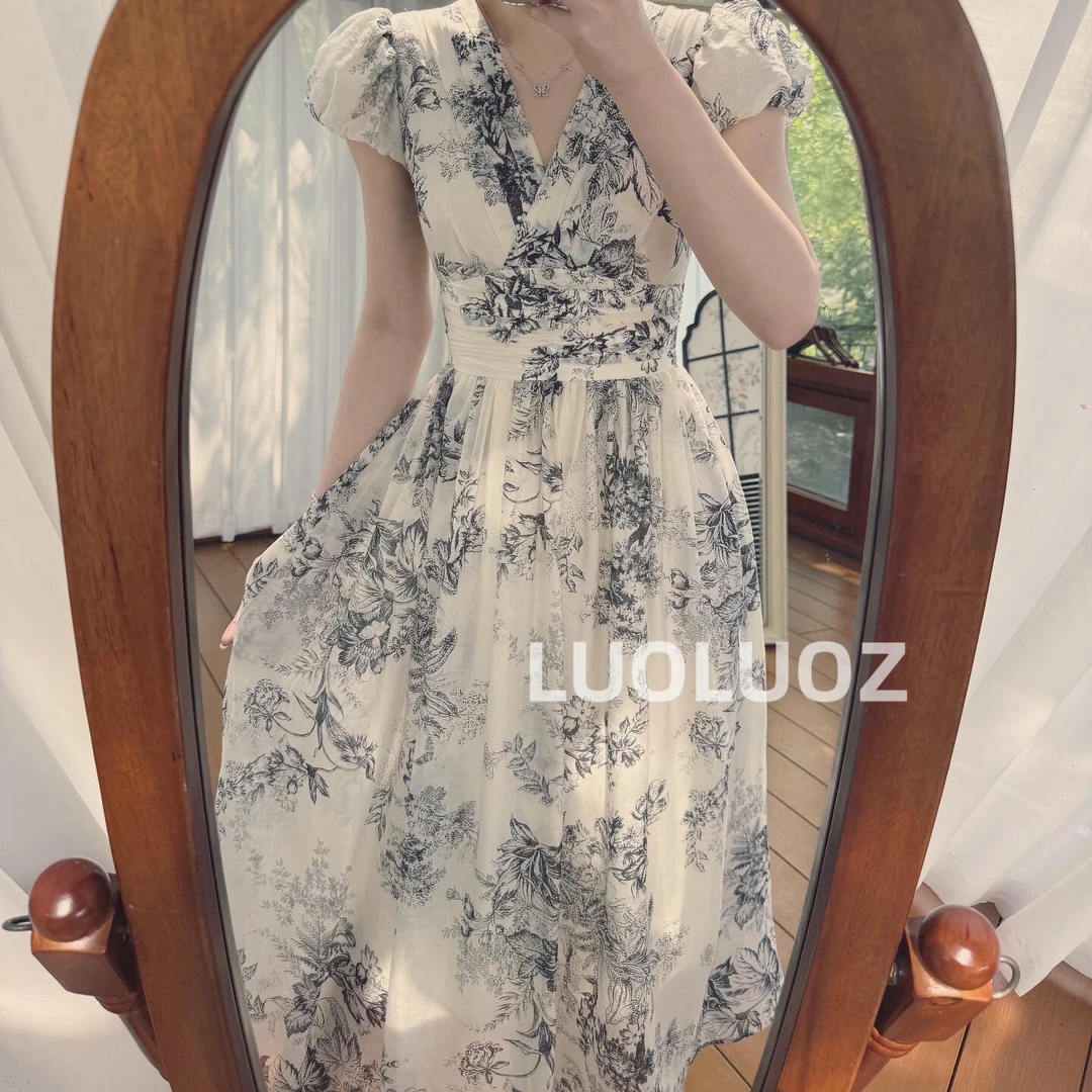 【现货】LUOLUOZ【雾色庄园】晕染V领收腰显瘦气质长款连衣裙DL243