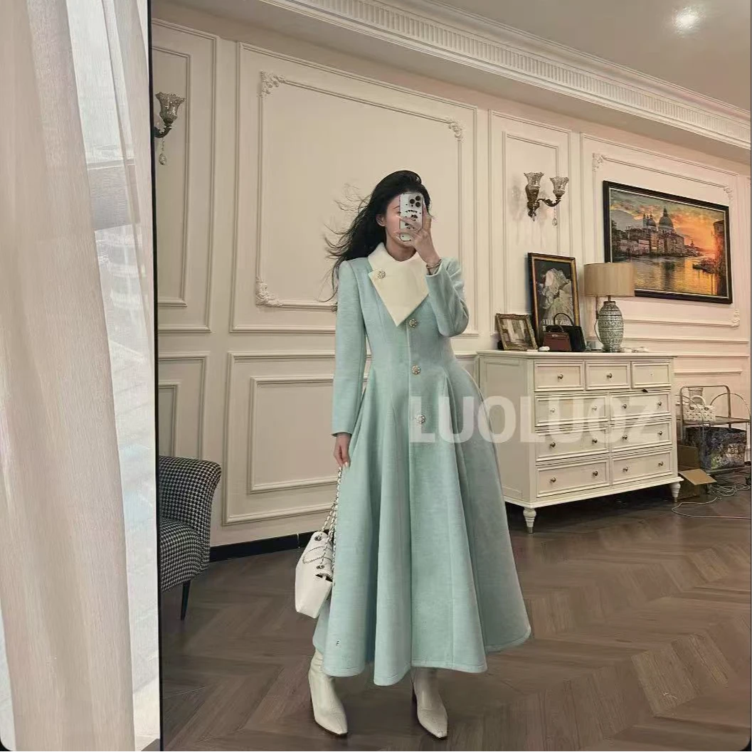 【现货】LUOLUOZ【绝世芳华】绵羊毛撞色收腰时尚长款大衣外套CC002