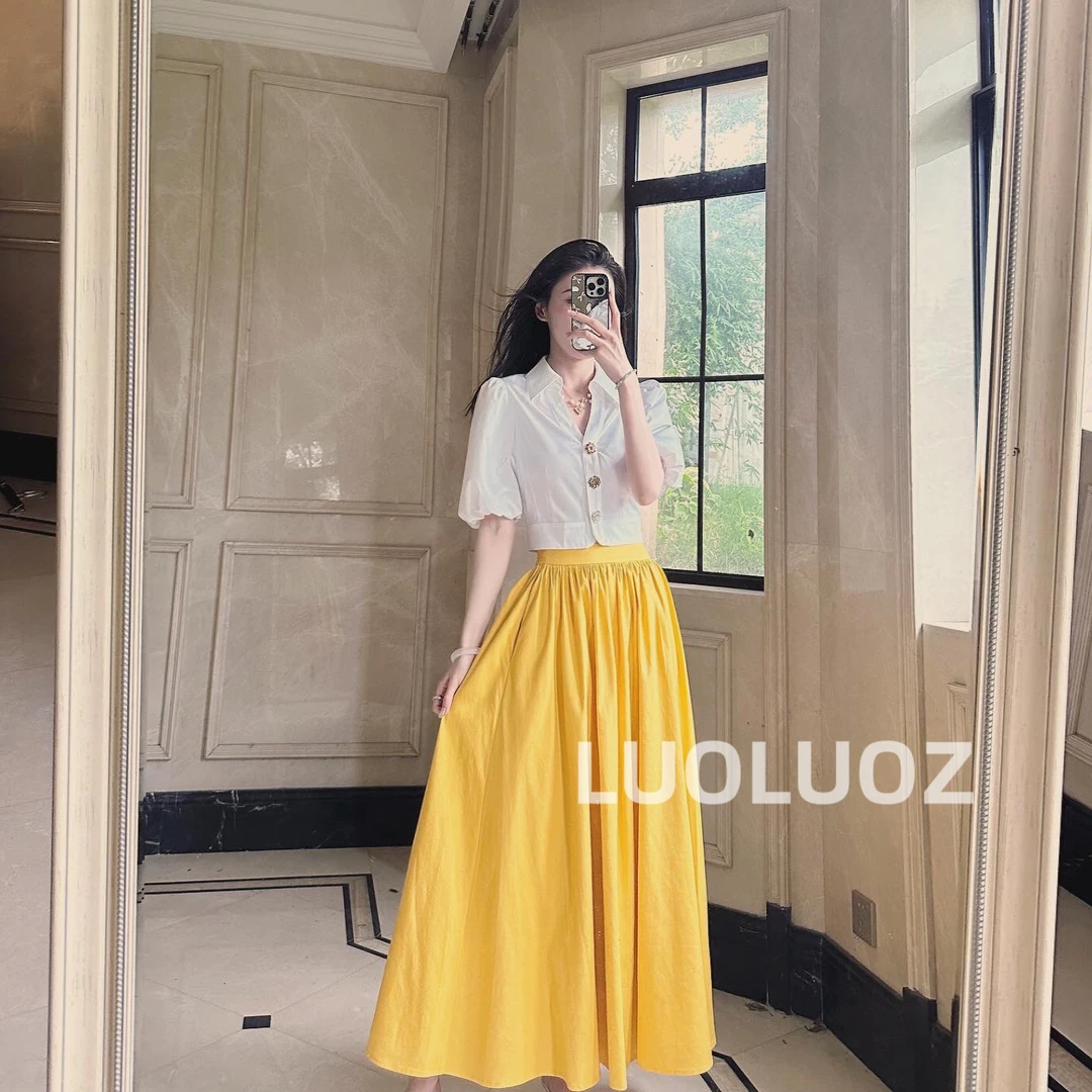 【现货】LUOLUOZ【黄玫瑰】亚麻棉法式polo领上衣＋半身裙两件套H81780