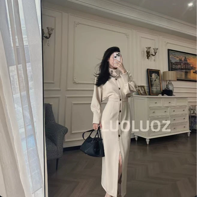 LUOLUOZ【情迷曼哈顿】高级感立领气质秋季单排扣风衣连衣裙JF339
