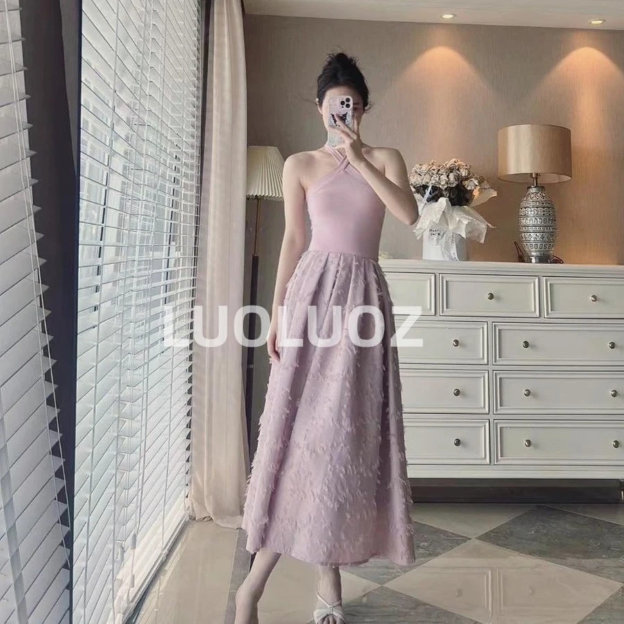 【现货】LUOLUOZ【梦蝶恋花】镂空交叉挂脖无袖连衣裙A9088紫色