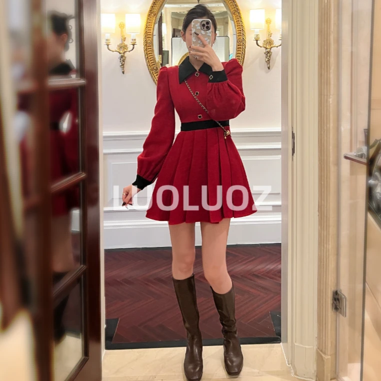 【现货】LUOLUOZ【氛围女主】法式撞色翻领拼接收腰连衣裙H717
