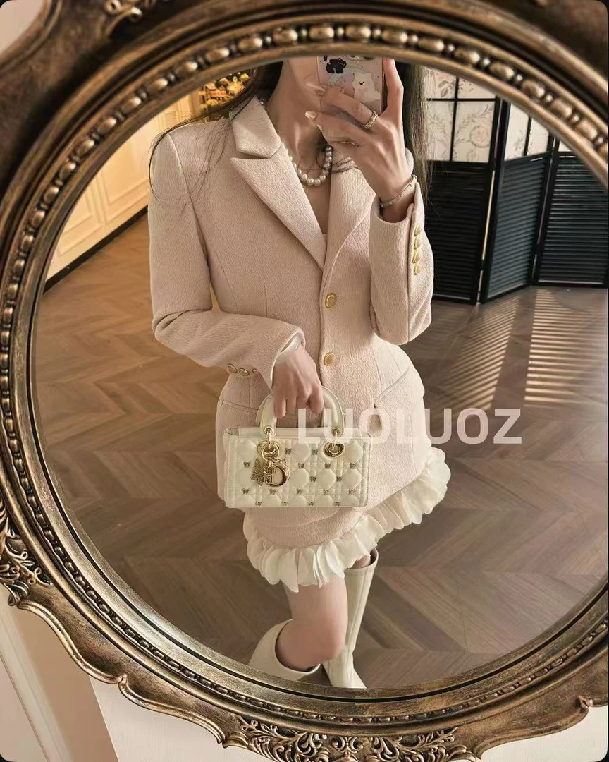 【现货】LUOLUOZ【粉雾珊瑚岛】绵羊毛气质上衣＋半身裙裤两件套JF361