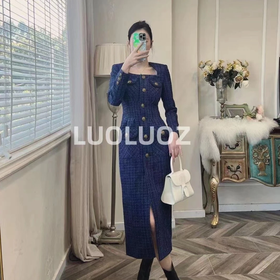 【现货】LUOLUOZ【海蓝之谜】轻熟风显瘦单排扣方领连衣裙H1020