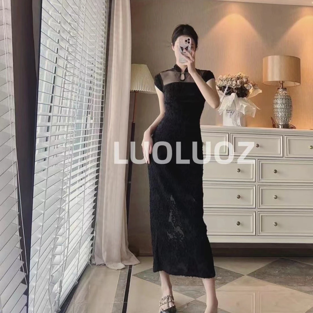 LUOLUOZ【一帘幽梦】黑色网纱轻熟风显瘦包臀连衣裙F1276