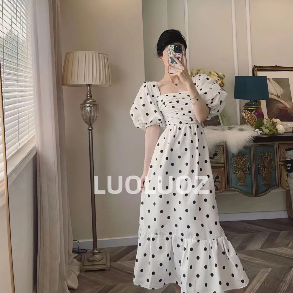 【现货】LUOLUOZ【英伦波点】赫本风灯笼袖褶皱波点连衣裙Q753