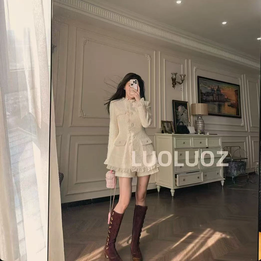 【现货】LUOLUOZ【落叶花影】气质花边设计上衣外套＋短裤两件套JF457