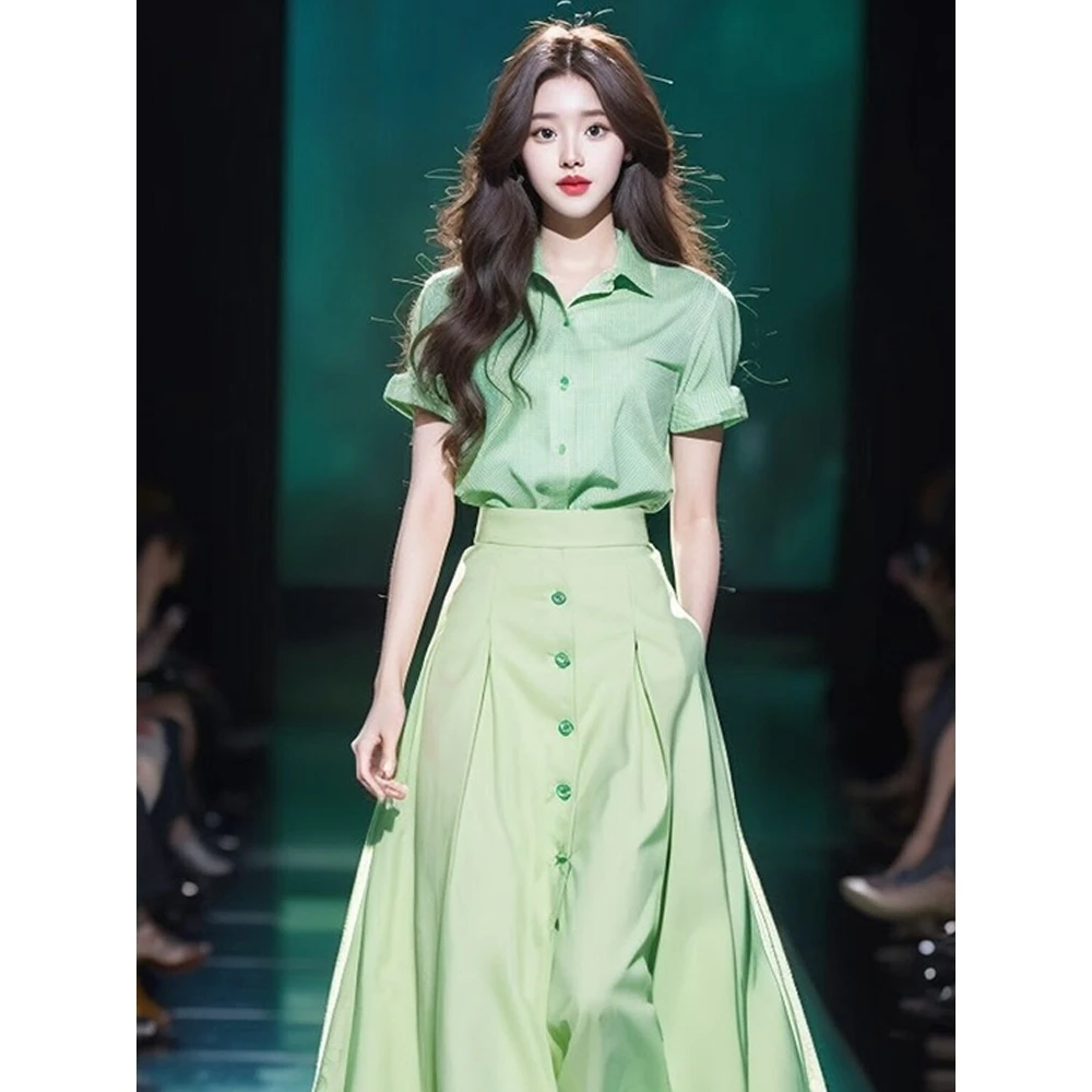 夏装搭配一整套韩系绿色衬衫套装裙女今年流行漂亮温柔系炸街奶乖