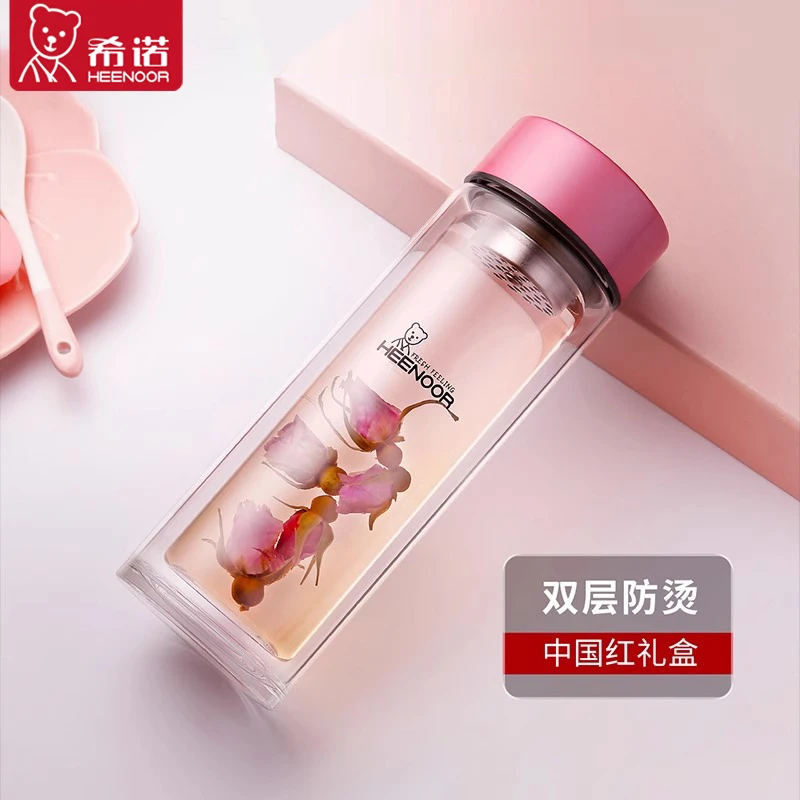 希诺双层玻璃杯女士透明带滤网潮流清新花茶杯子隔热防烫便携水杯