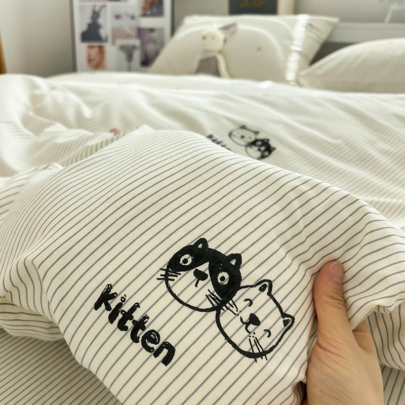 线条萌猫纯棉床上床品四件套全棉2024新款学生宿舍床单被套3件套