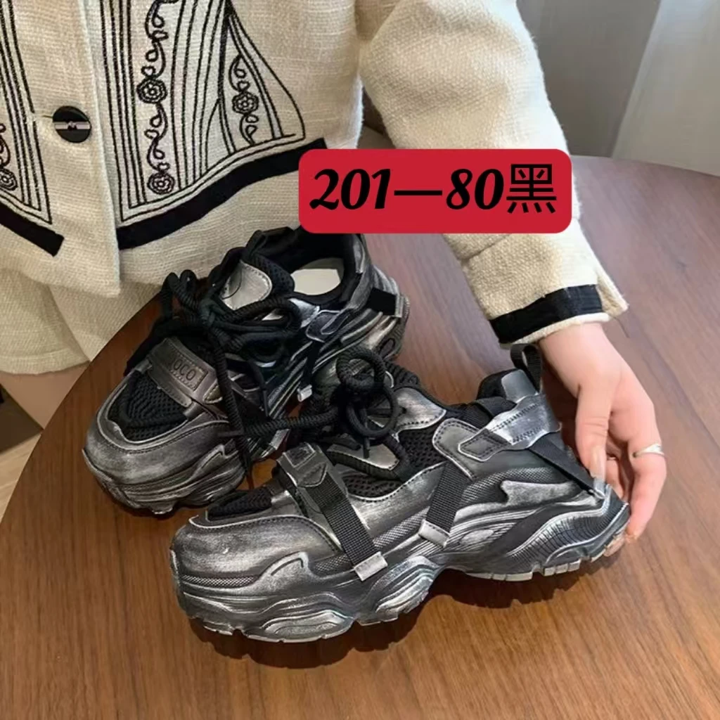 201-80#厚底老爹鞋女2024新款秋系带做旧女鞋增高休闲运动鞋