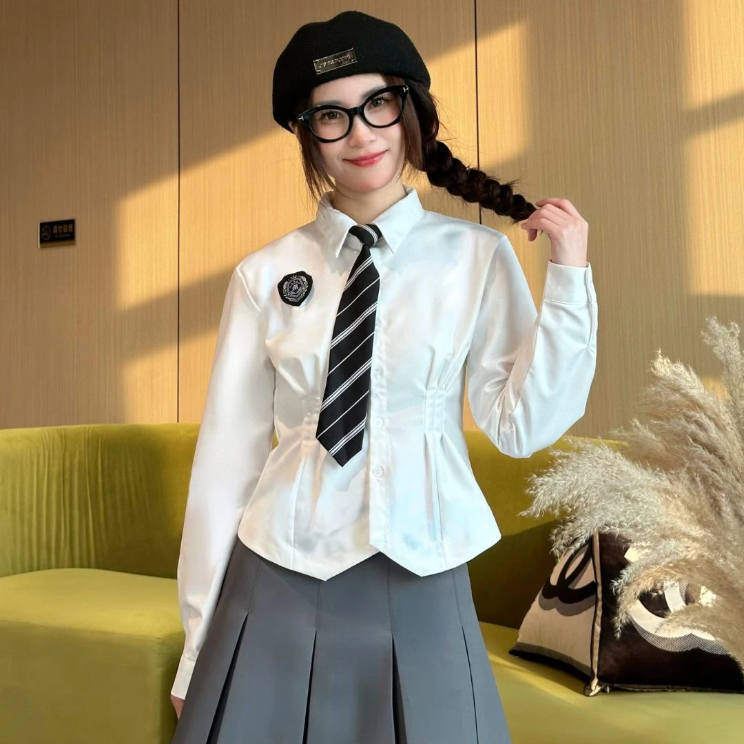 JK制服学院风套装春秋辣妹纯欲白色收腰衬衫女长袖内搭领带衬衣
