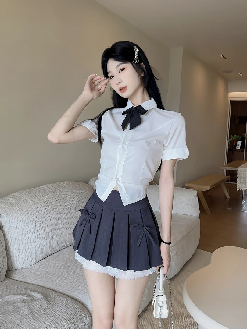 5502辣妹短袖收腰V领衬衫女学院风显瘦学生白色衬衣短裙制服套装