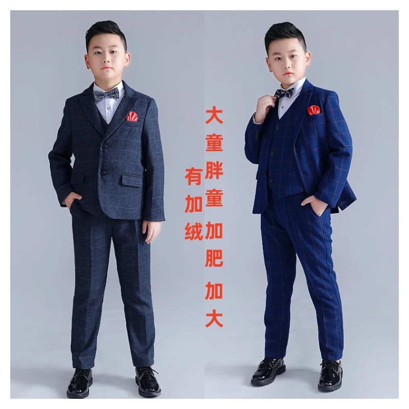 大童西装新款胖童加肥加大格子小西装中大童西装婚礼主持演出礼服