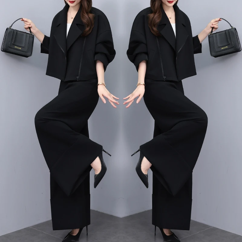 高端黑色三件套女时尚2024秋季新款高腰阔腿裤气质设计感时尚套装