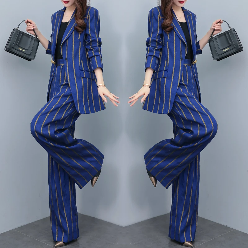 高端三件套西装女2024秋季新款阔腿裤条纹西服外套时尚套装大码