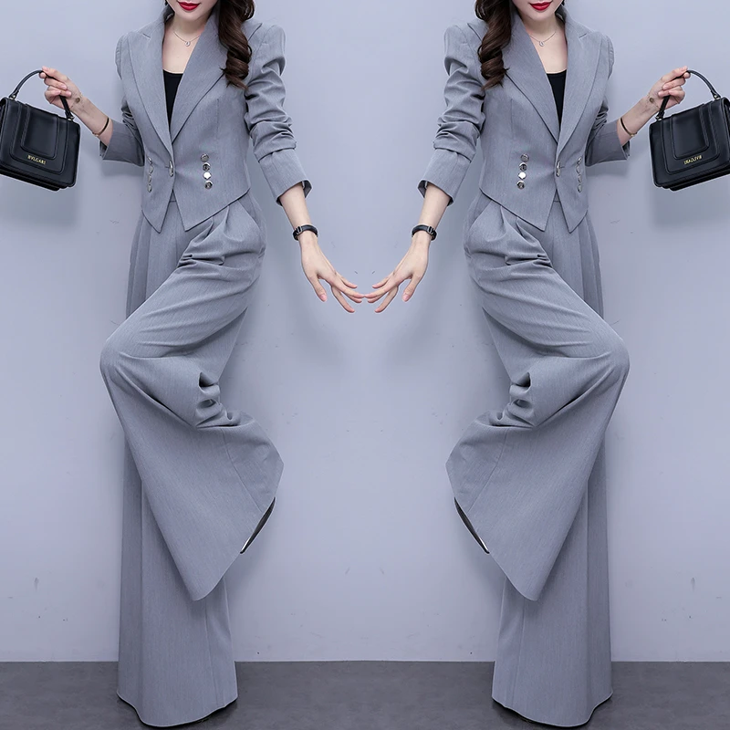 高端三件套女西装春季新款高腰阔腿裤女装设计感短款外套时尚套装