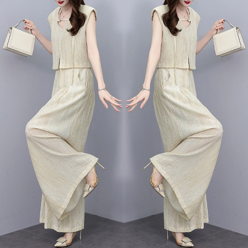 高端时尚套装女装2024年夏季新款阔腿裤宽松洋气夏天两件套女装