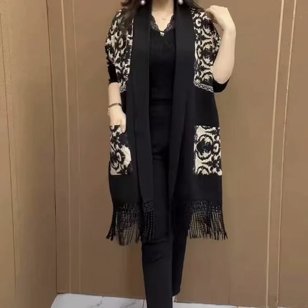 2024秋季新款针织开衫宽松大码时尚气质流苏披肩遮肉显瘦风衣外套