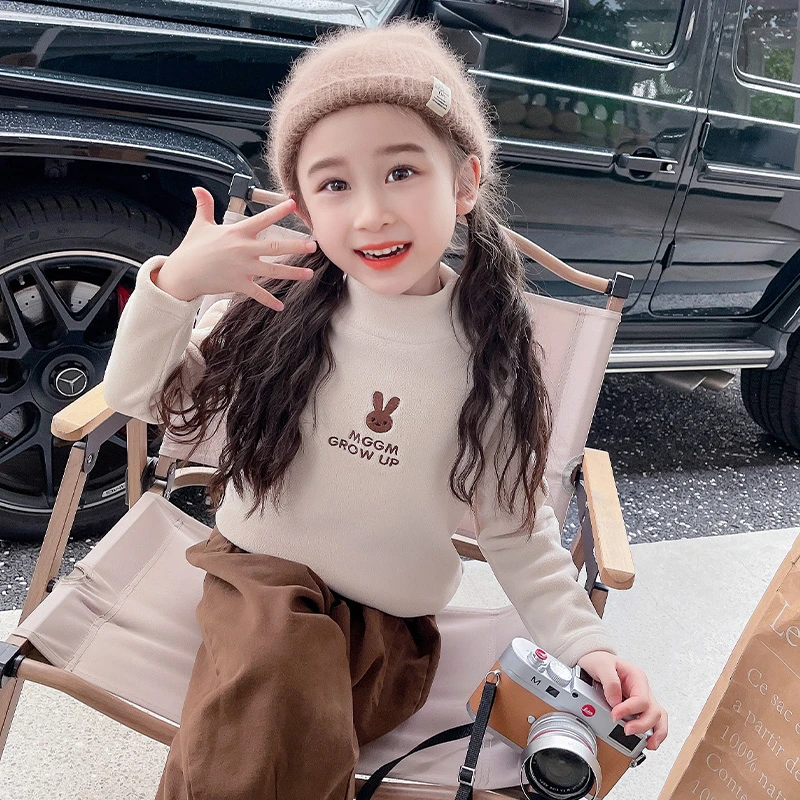 女童秋冬新款兔子绣花加绒加厚打底衫甜美时尚保暖休闲日常百搭