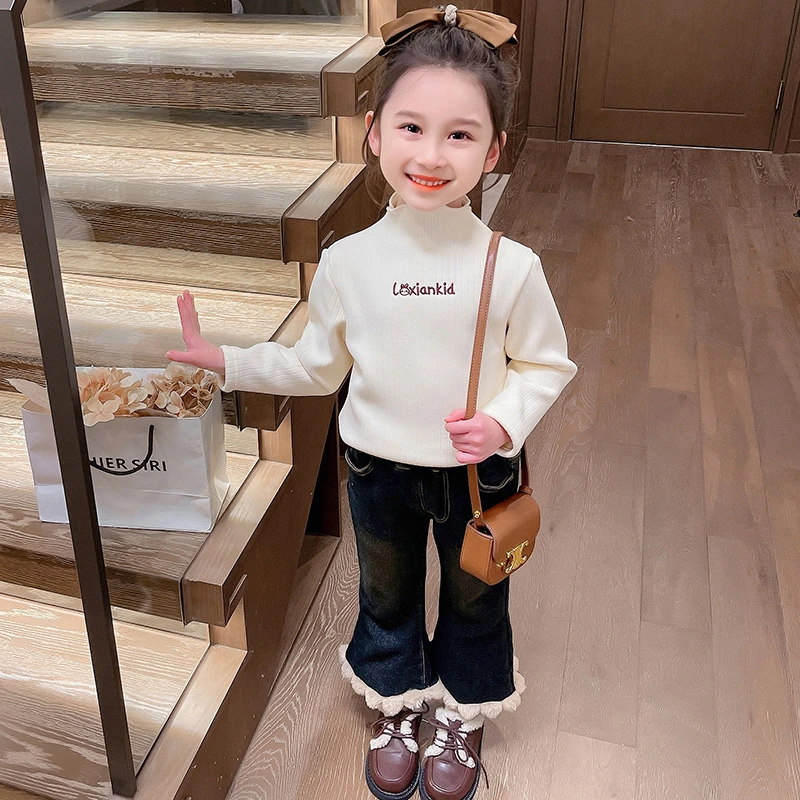 女童秋冬新款字母小兔加绒打底衫甜美范保暖百搭休闲日常时尚洋气