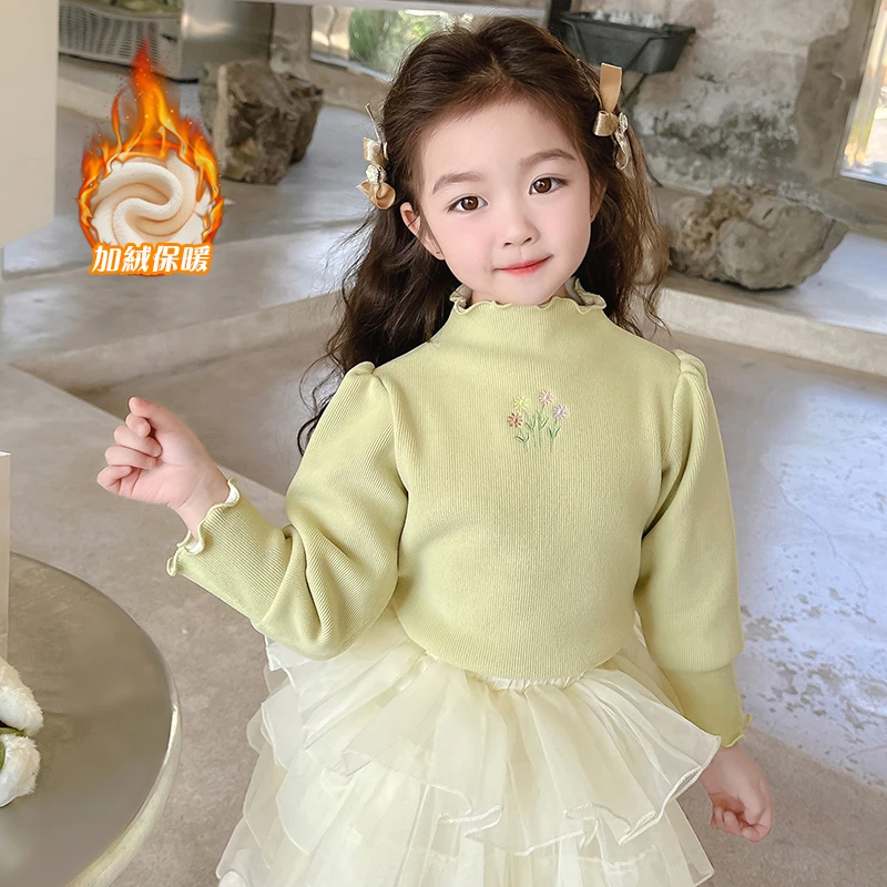 女童秋冬新款小花加绒木耳边打底衫甜美时尚保暖百搭休闲日常潮流