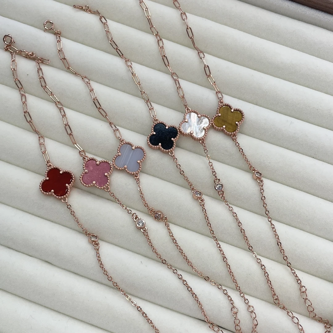 足银手链 足银四叶草单花15mm手链气质时尚百搭简约金色彩色轻奢