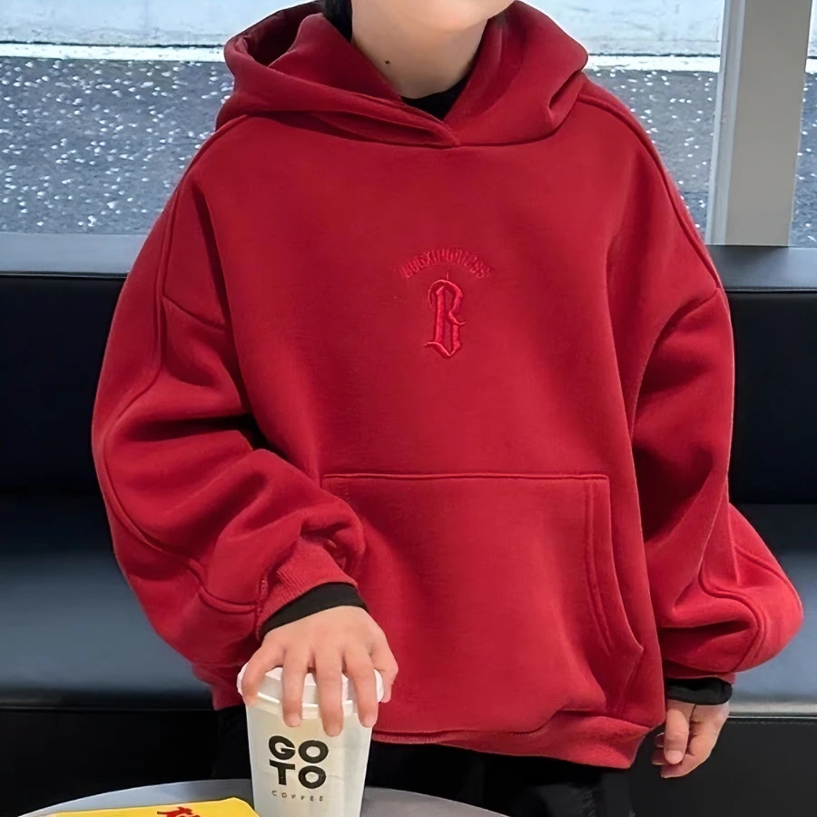 妍雨若儿童连帽加绒卫衣新款绣花喜庆红男女童新年加厚休闲上衣潮