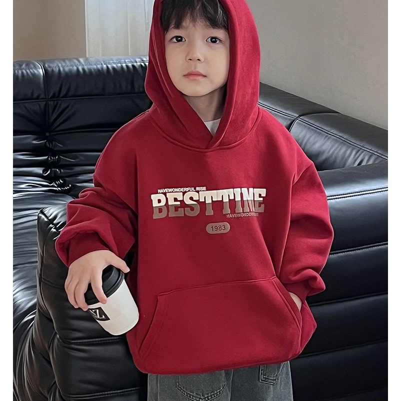 妍雨若男童加绒休闲卫衣新年冬装加厚一体绒上衣红色连帽加厚卫衣