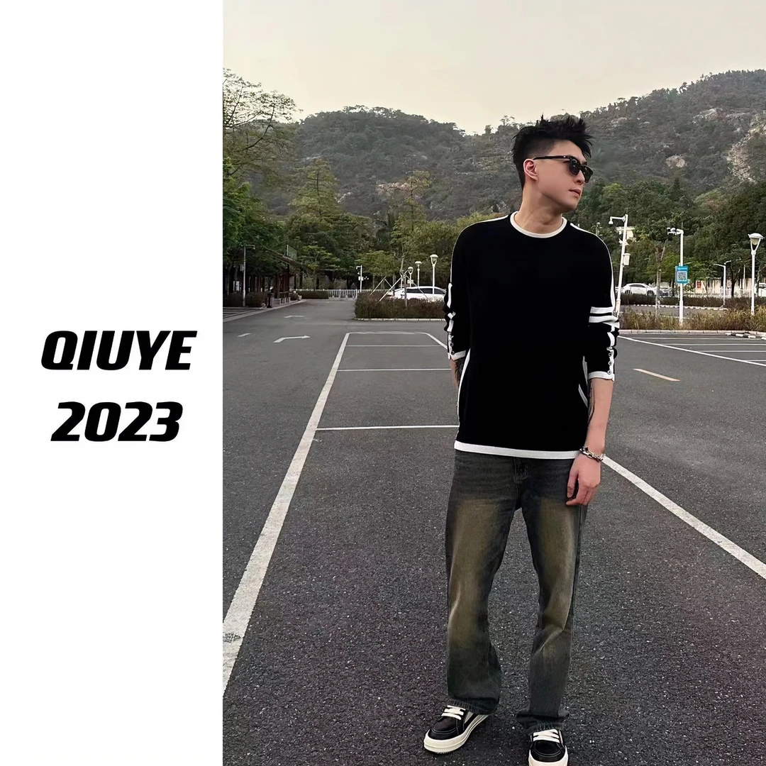 QIUYE秋野 2023款秋冬季男士休闲撞色百搭打底针织毛衣拼色1183