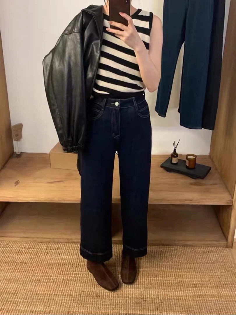 深蓝色牛仔阔腿裤女高腰显瘦休闲百搭直筒裤