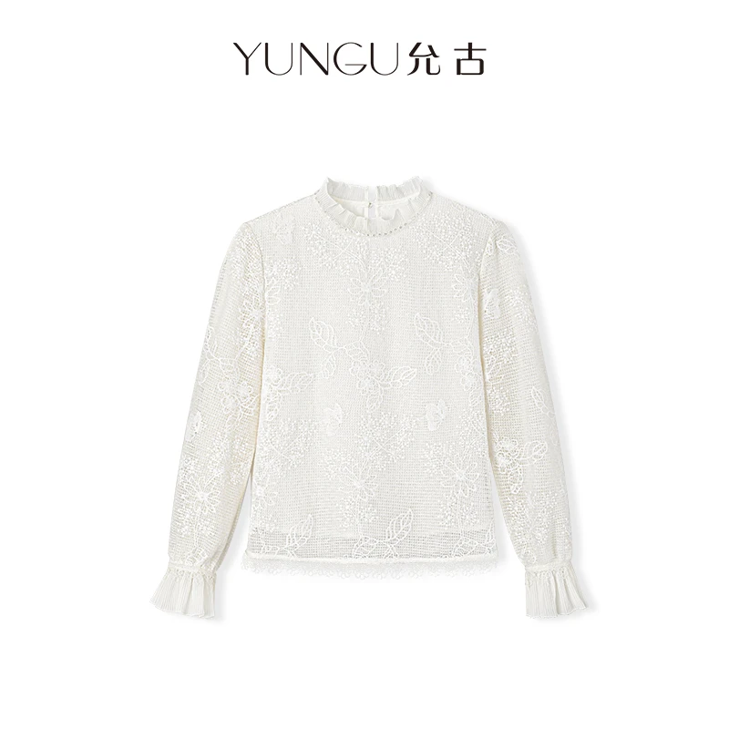YUNGU允古【月光舒曼】法式女人味立领重工亮片蕾丝打底衫T恤秋季女