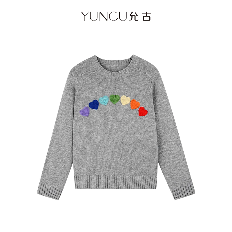YUNGU允古【超值购】心动毛衣绵羊毛设计感针织衫刺绣爱心套头毛衣
