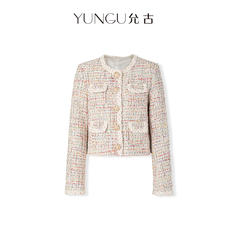 YUNGU允古【F02】【双12年终大促】小香风显瘦粗花呢编织短款外套秋冬