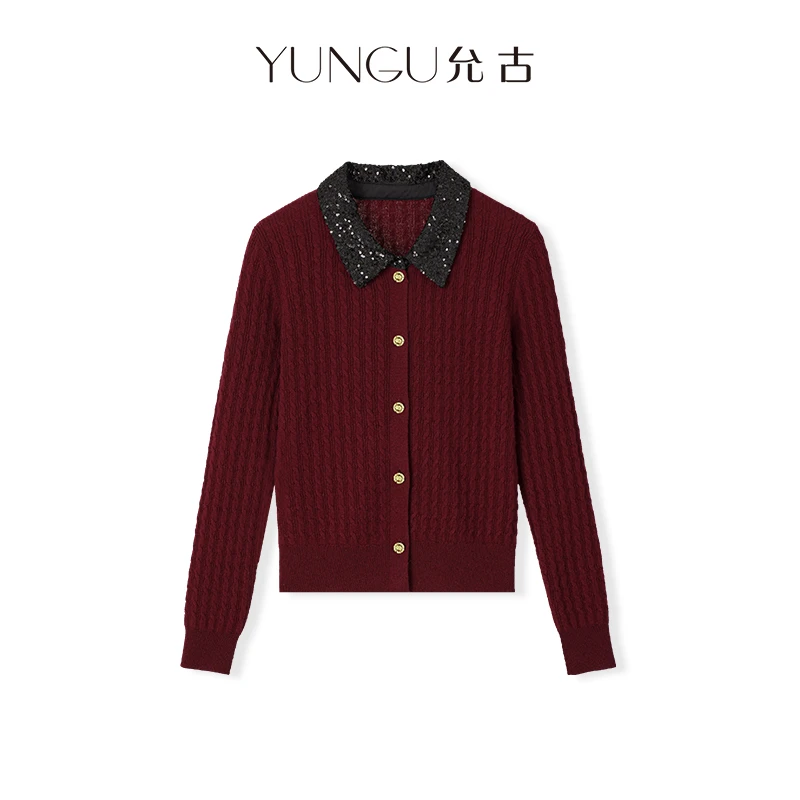 YUNGU允古 精致优雅绵羊毛重工亮片翻领针织开衫冬新款软糯上衣D