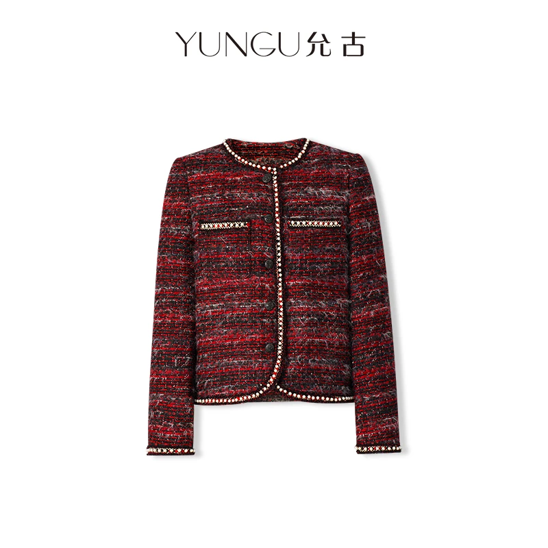 YUNGU允古【瑰丽之夜】小香风重工钉珠绵羊毛白鹅绒外套冬气质上衣