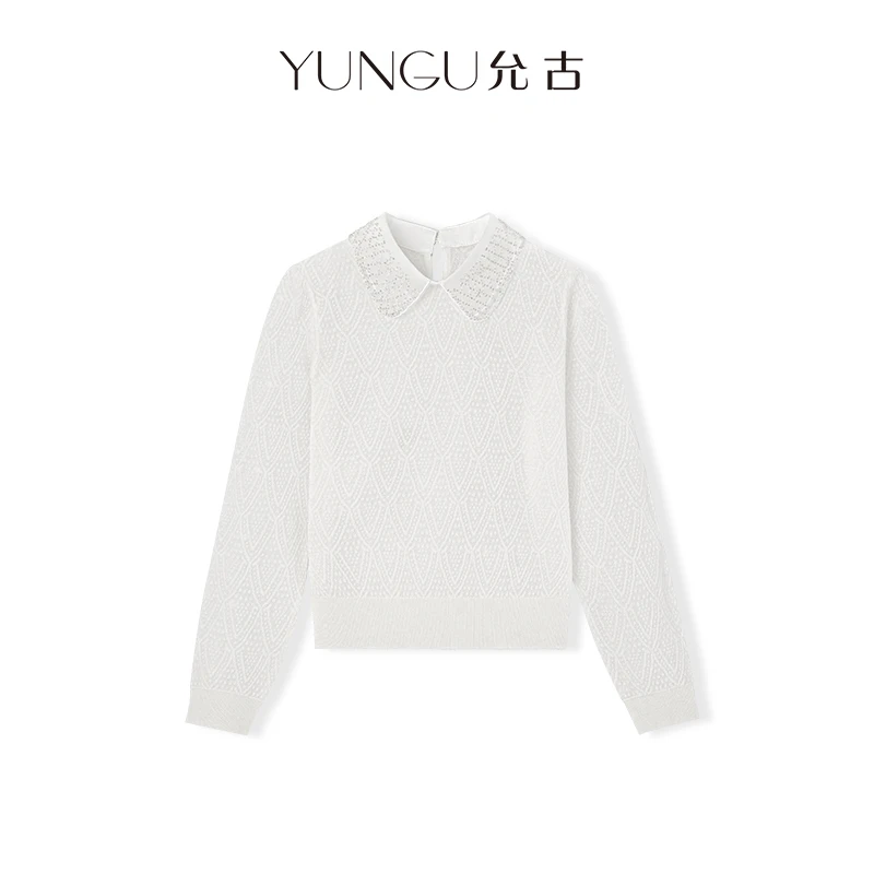 YUNGU允古【安妮日记】 法式女人味重工手工串珠绵羊毛针织秋上衣C