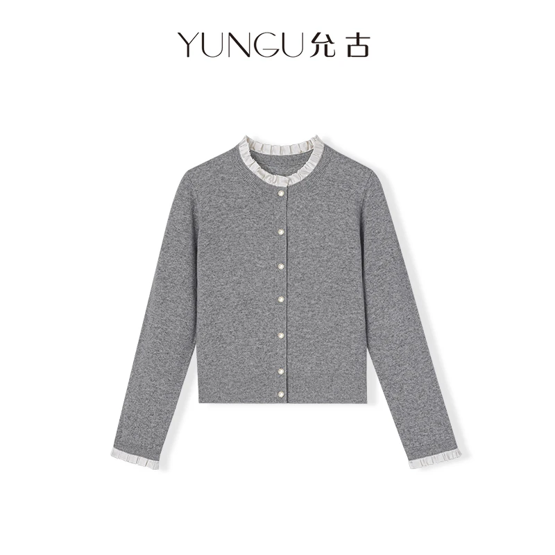 YUNGU允古【里约书店】 优雅女人花边领显瘦绵羊毛针织开衫秋冬女D