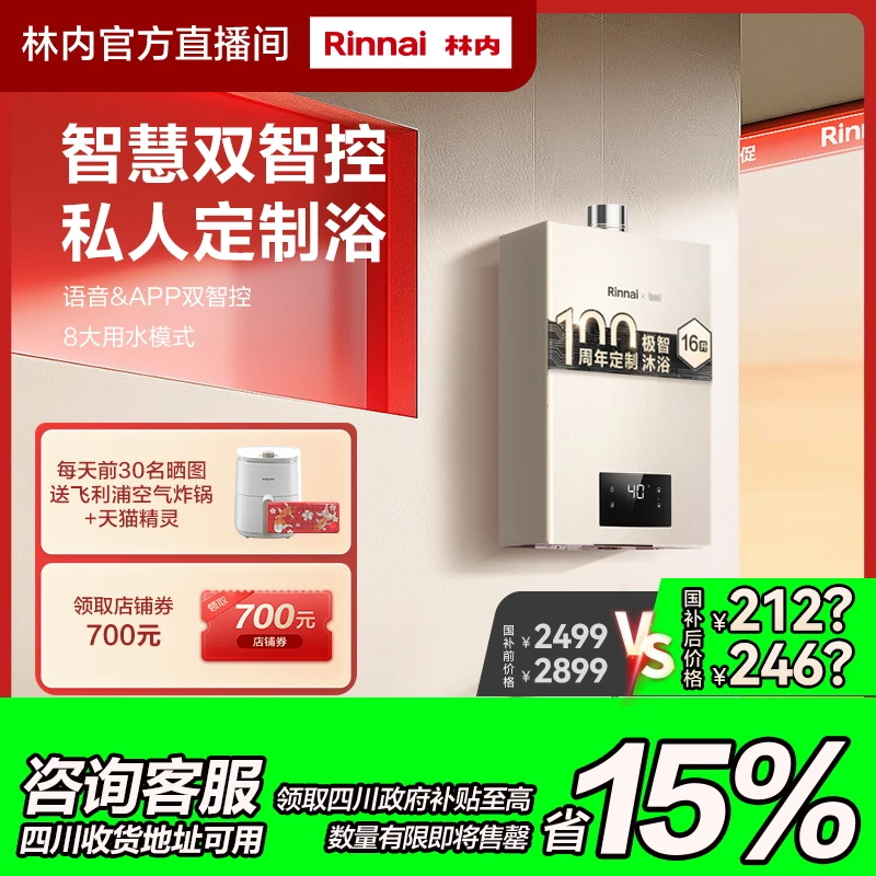 福建国补｜林内燃气热水器C100W智能节能恒温安全天然气百年定制