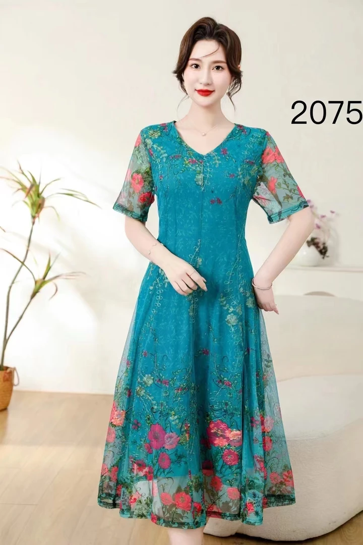 2024年夏季新款短袖V领显瘦修身仙气长裙连衣裙洋气裙子