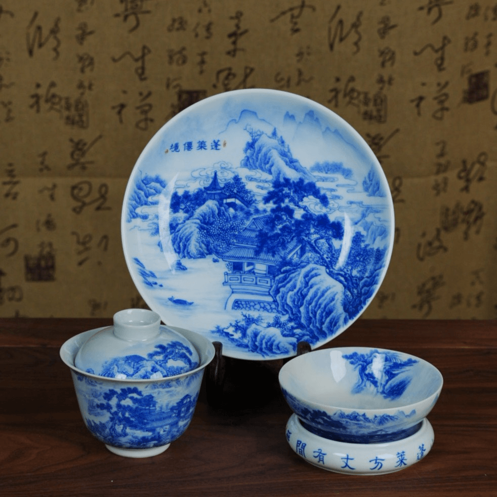 青花蓬莱仙境山水盖碗四件套